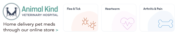 Animal Kind home delivery of pet medications, food, grooming through the online store portal. Prescriptions for flea/ticks, heartworm, arthritis/pain, allergy and more